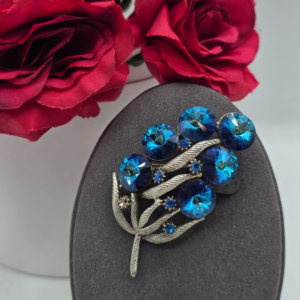 Vintage Blue Rivoli Rhinestone Floral Brooch Silver Ton Mid Century Show Stopper